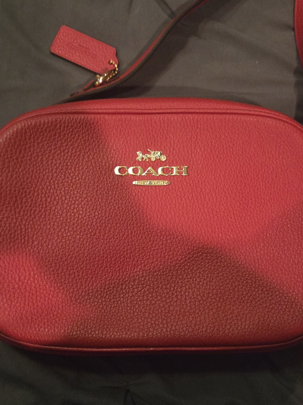 Coach Red Pebbled Leather Camera Crossbody with Gold Logo